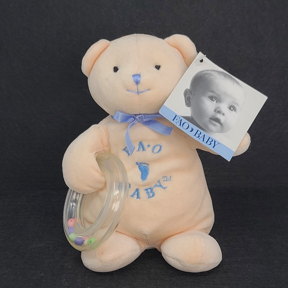 FAO Schwarz FAO Baby Blue Boy Ring Rattle Bear Plush 8" NEW OTHER w/ Tag